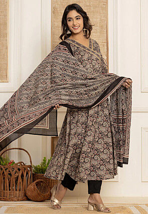 Printed Pure Cotton A Line Suit in Black