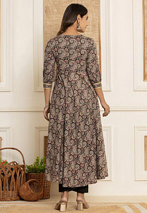 Printed Pure Cotton A Line Suit in Black