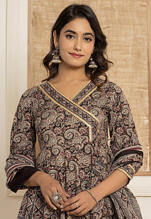 Printed Pure Cotton A Line Suit in Black
