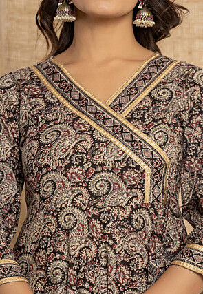 Printed Pure Cotton A Line Suit in Black