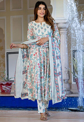 Printed Pure Cotton A Line Suit in Cream