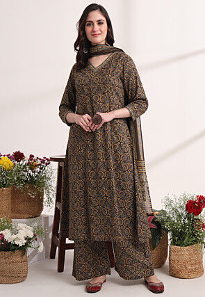 Printed Pure Cotton A Line Suit in Dark Brown
