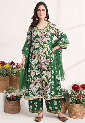 Printed Pure Cotton A Line Suit in Dark Green