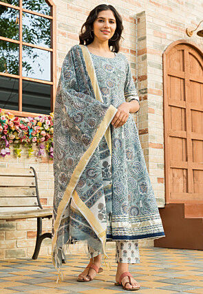 Printed Pure Cotton A Line Suit in Dusty Blue