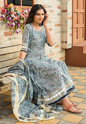 Printed Pure Cotton A Line Suit in Dusty Blue