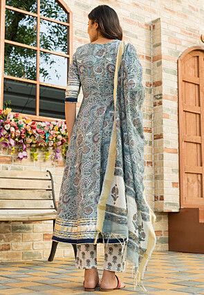 Printed Pure Cotton A Line Suit in Dusty Blue