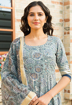 Printed Pure Cotton A Line Suit in Dusty Blue