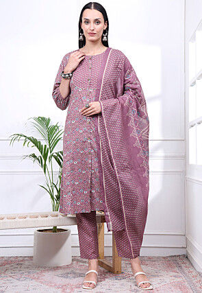 Printed Pure Cotton A Line Suit in Dusty Purple