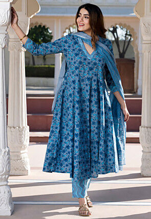 Printed Pure Cotton A Line Suit in Grey and Blue