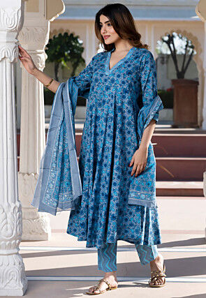 Printed Pure Cotton A Line Suit in Grey and Blue