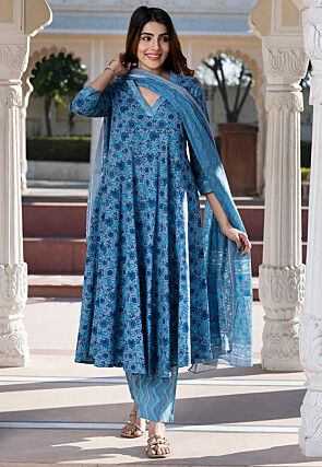 Printed Pure Cotton A Line Suit in Grey and Blue