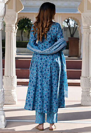 Printed Pure Cotton A Line Suit in Grey and Blue