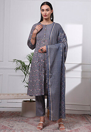 Printed Pure Cotton A Line Suit in Grey