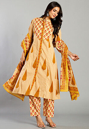 Printed Pure Cotton A Line Suit in Light Beige