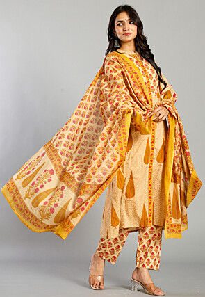 Printed Pure Cotton A Line Suit in Light Beige