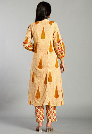 Printed Pure Cotton A Line Suit in Light Beige