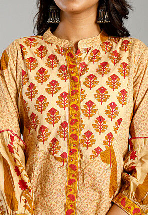 Printed Pure Cotton A Line Suit in Light Beige