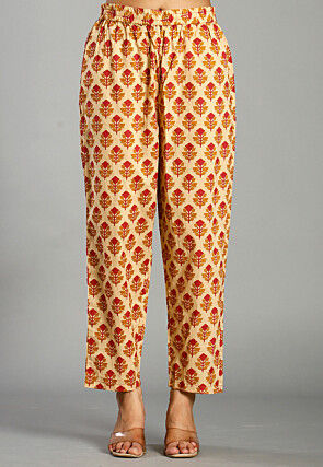 Printed Pure Cotton A Line Suit in Light Beige