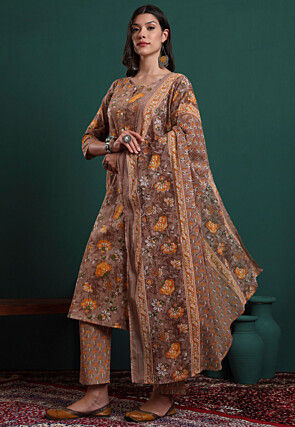 Printed Pure Cotton A Line Suit in Light Brown
