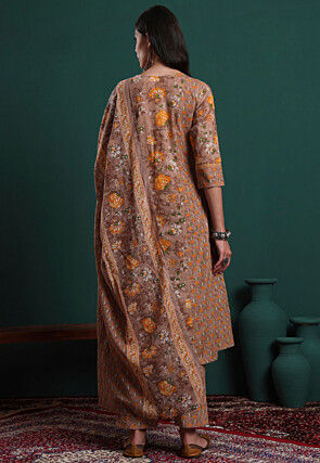 Printed Pure Cotton A Line Suit in Light Brown