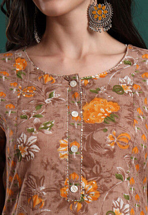 Printed Pure Cotton A Line Suit in Light Brown