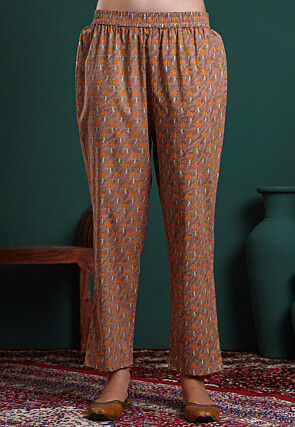 Printed Pure Cotton A Line Suit in Light Brown