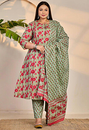 Printed Pure Cotton A Line Suit in Light Green