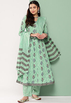 Printed Pure Cotton A Line Suit in Light Green