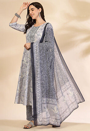 Printed Pure Cotton A Line Suit in Light Grey