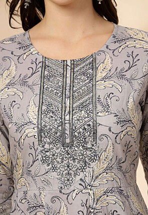Printed Pure Cotton A Line Suit in Light Grey