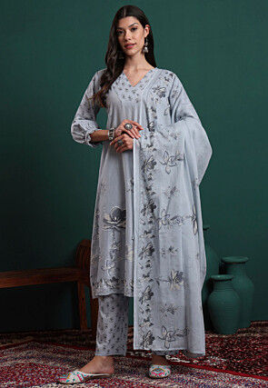 Printed Pure Cotton A Line Suit in Light Grey
