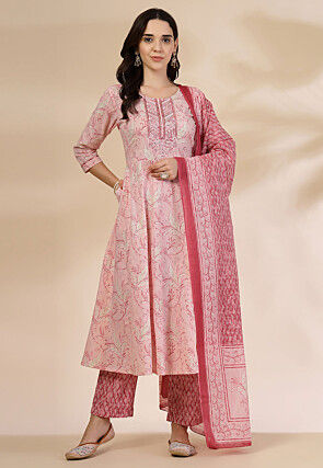 Printed Pure Cotton A Line Suit in Light Pink