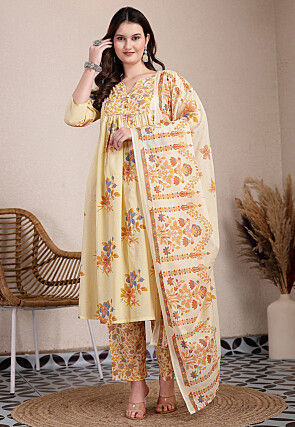 Printed Pure Cotton A Line Suit in Light Yellow
