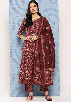 Printed Pure Cotton A Line Suit in Maroon