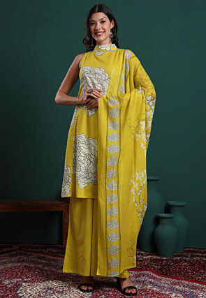Printed Pure Cotton A Line Suit in Mustard