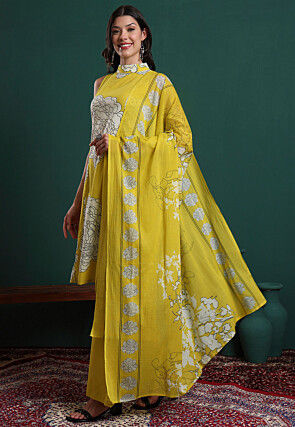 Printed Pure Cotton A Line Suit in Mustard