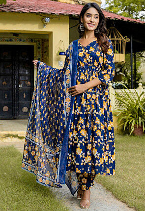 Printed Pure Cotton A Line Suit in Navy Blue