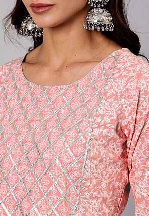 Printed Pure Cotton A Line Suit in Peach