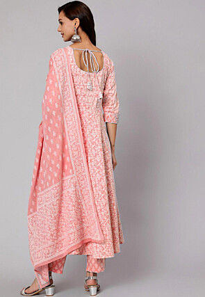Printed Pure Cotton A Line Suit in Peach