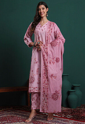 Printed Pure Cotton A Line Suit in Pink