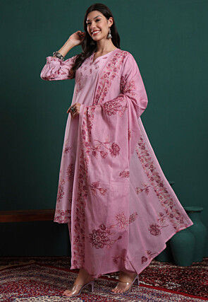 Printed Pure Cotton A Line Suit in Pink