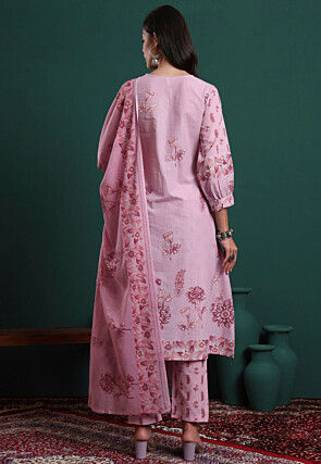 Printed Pure Cotton A Line Suit in Pink