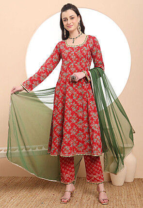 Printed Pure Cotton A Line Suit in Red