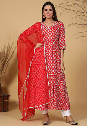Printed Pure Cotton A Line Suit in Red