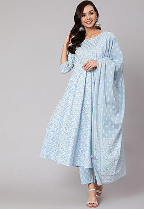 Printed Pure Cotton A Line Suit in Sky Blue