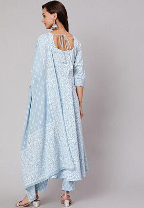 Printed Pure Cotton A Line Suit in Sky Blue