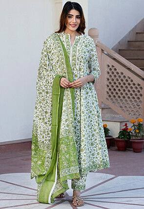 Printed Pure Cotton A Line Suit in White and Green
