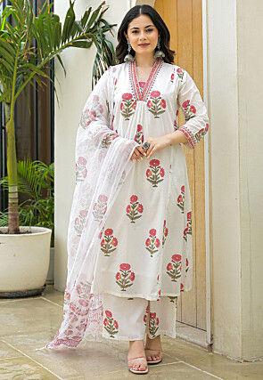 Printed Pure Cotton Pakistani Suit in White