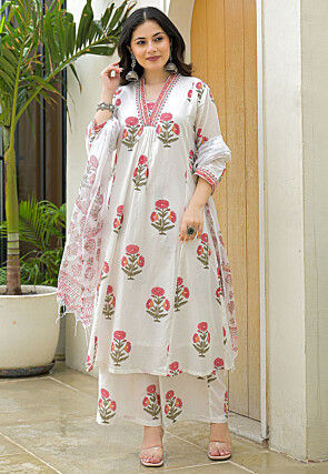Printed Pure Cotton Pakistani Suit in White