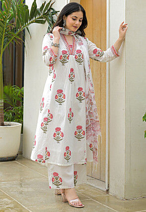 Printed Pure Cotton Pakistani Suit in White